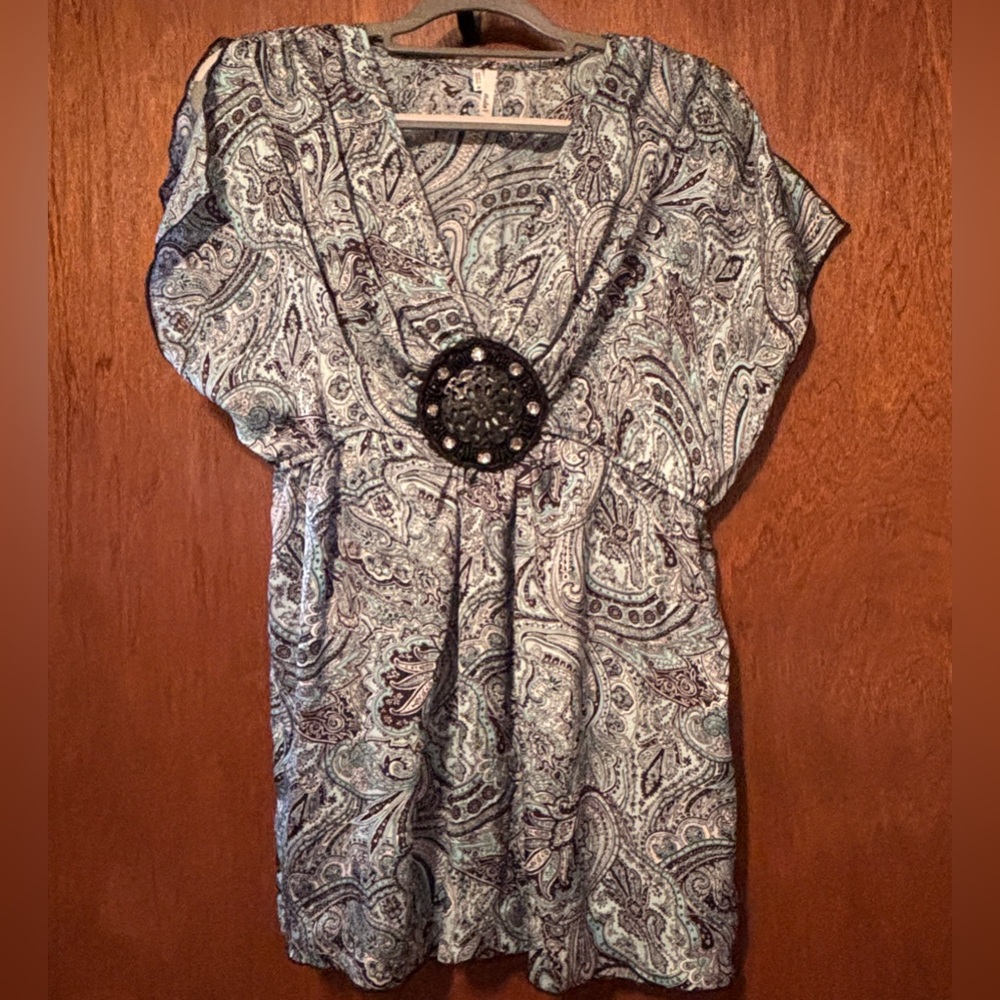 Studio Y  turquoise Blue and brown Paisley Blouse with Brown Embellishment